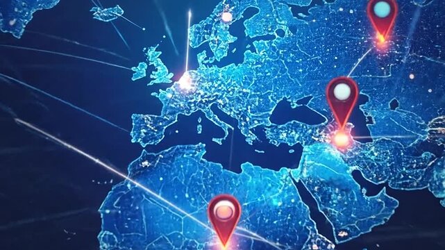 A digital world map with glowing connection points and data lines