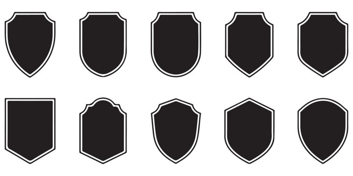 Set of black shield shapes with white borders. collection of vector icons. empty black shields for design. different shapes of badges, emblems, labels.