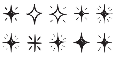 Hand drawn sparkle starburst icons and small light bursts set on white background vector illustration simple doodle style. © Md