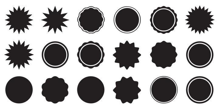 Collection of starburst and circle seal shapes in black isolated on white background for design elements vector illustration.