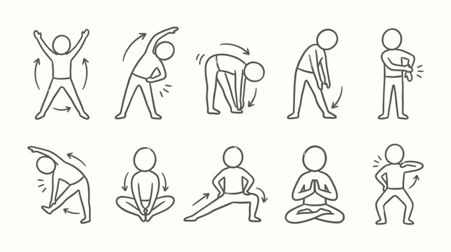 hand drawn stick figures performing various stretching exercises and wellness yoga poses set, perfect for employee health guides, fitness blog posts and corporate wellness presentations