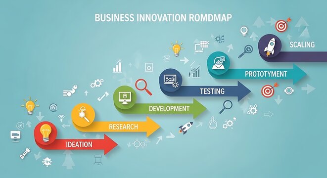 Business innovation roadmap with technology and growth icons.