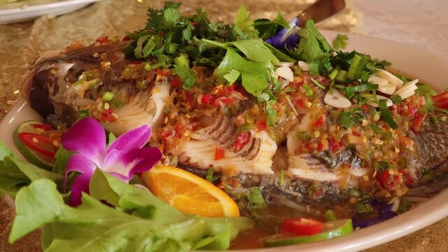 Steamed red tilapia fish with spicy lime and chili sauce (Pla Tubtim Neung Manao)