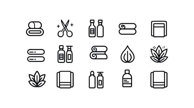 Soap icon set including bar soap, shampoo, lotion, and aloe vera for spa and bathroom