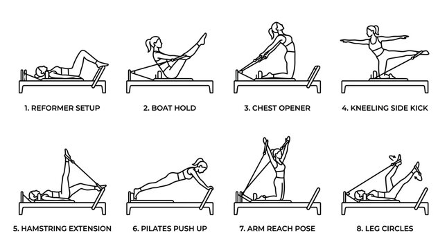Black and white line art vector of woman doing pilates reformer workouts, perfect for office executive posture training, corporate wellness program and gym advertising