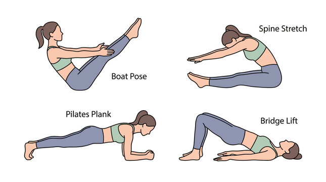 Vector illustrations of a woman performing pilates poses like plank, spine stretch, boat and bridge lift, perfect for fitness posters, health infographics and workout guides