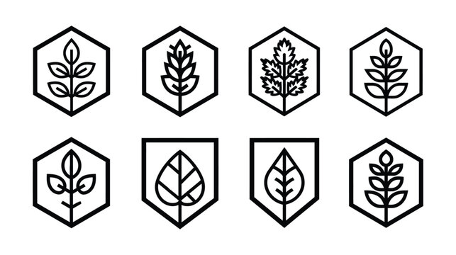 Leaf logo set featuring various plant silhouettes in hexagonal and shield shapes