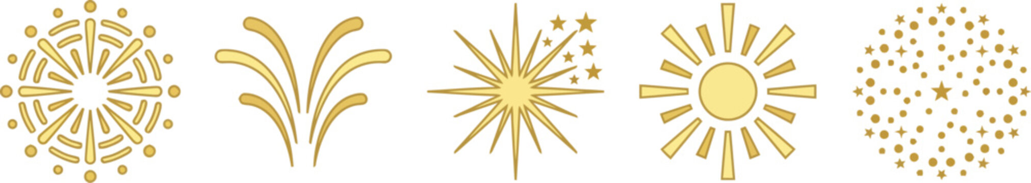 Fireworks icons in gold line art represent festive patterns for various celebratory event designs.