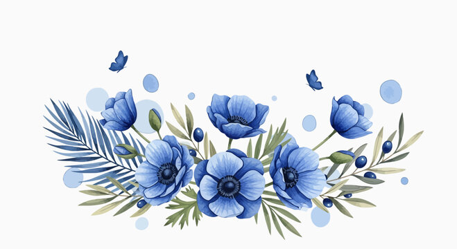 Watercolor floral arrangement of blue anemone flowers and foliage on white