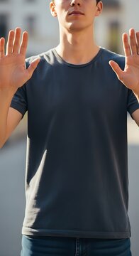 Man in casual black shirt with arms raised indoors.