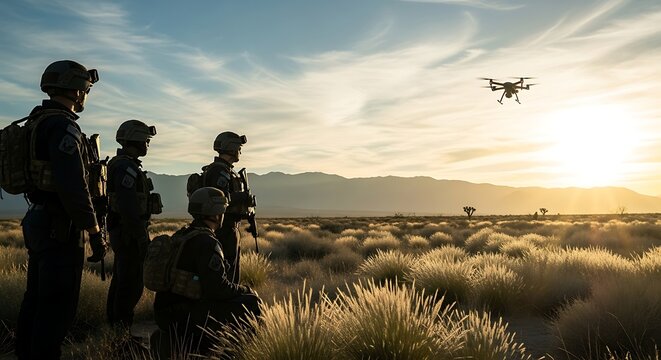 Soldiers and a drone in a desert landscape during sunset