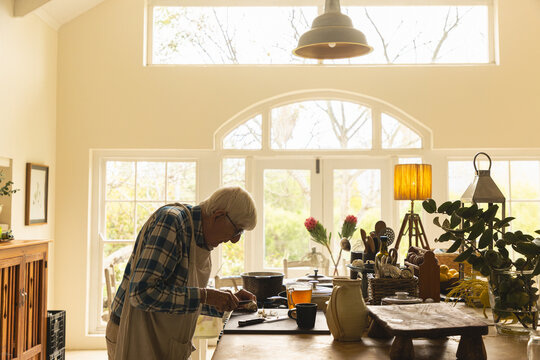 elderly man in light filled kitchen preparing a pot roast 