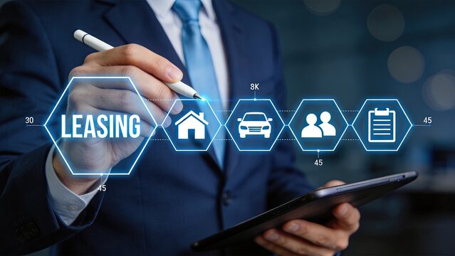 Businessman using digital interface for leasing assets, car and house rental concept, financial services with modern technology background