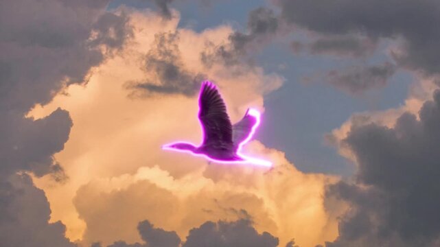 Neon bird silhouette flying through sunset clouds with glowing pink aura transitions to black and white artistic video of majestic swan soaring across sky cinematic motion graphics clip.