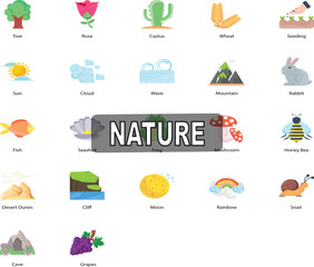 Fototapeta premium A collection of playful nature icons for children, featuring various plants and animals to inspire curiosity about the outdoors.