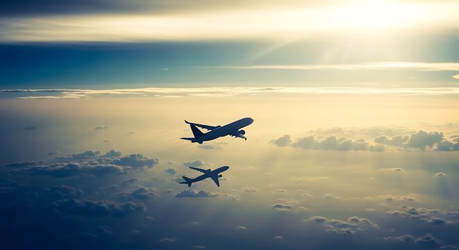 Two airplanes flying through the clouds during sunset