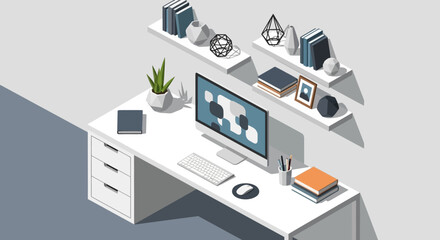 Fototapeta premium An isometric vector representation of a modern home office desk setup with a computer, books, and decorative items on shelves above