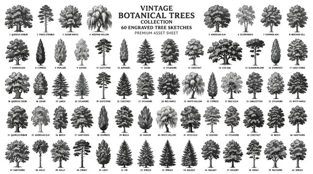 Vintage botanical trees collection, 60 engraved tree sketches, premium asset sheet