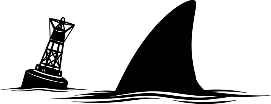Illustration of a shark fin and buoy marker isolated in ocean scene