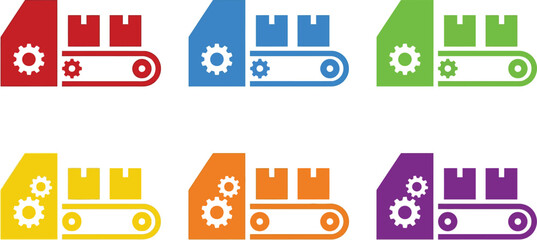 Naklejka premium Colorful set of factory conveyor belt icons featuring gears and boxes in a flat vector design perfect for industrial automation and logistics concepts
