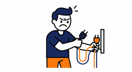 Fototapeta premium Frustrated Man Trying to Plug Electrical Cord Into Outlet