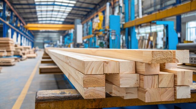 Wooden beams on the production line in a manufacturing facility, showcasing industrial woodworking process and material handling