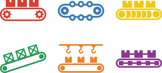 Naklejka premium Set of colorful conveyor belt icons flat vector design elements for industrial automation and manufacturing processes isolated on white background