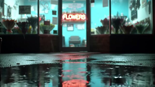 Flower shop neon sign reflecting on a wet sidewalk during a rainy night.