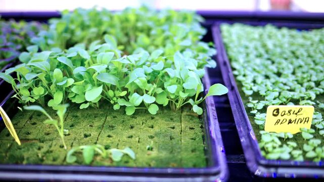 Fresh microgreens growing in hydroponic seed trays indoors under professional artificial lighting system.
