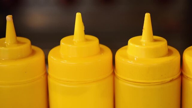 Yellow condiment bottles in a restaurant kitchen