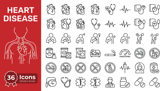 Heart disease web icons in line style. Cardiology, chest pain, symptoms, medicine, and prevention collection. Professional medical outline icon set. Editable stroke vector illustration for web.