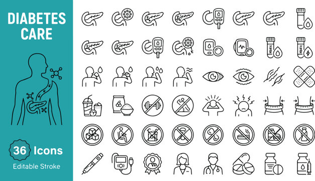 Diabetes Care web icons in line style. Medical healthcare collection featuring glucose meters, insulin pens, pancreas, blood tests, and lifestyle habits. Editable stroke. Vector graphic illustration.
