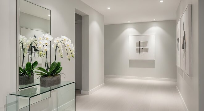 Modern minimalist white hallway with orchids and abstract art