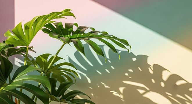 Monstera leaves casting shadows on pastel gradient wall