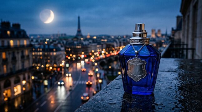 Luxury perfume bottle on a Parisian rooftop at night with Eiffel Tower and crescent moon in the background