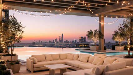 Obraz premium Elegant Rooftop Lounge with Infinity Pool and String Lights at Twilight