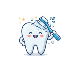 Fototapeta premium Smiling cartoon toothbrush cleaning a happy cartoon tooth isolated on transparent background