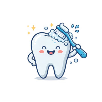 Smiling cartoon toothbrush cleaning a happy cartoon tooth isolated on transparent background
