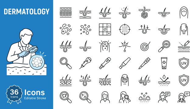 Dermatology and skin care web icons in line style. Medical dermatology, hair treatment, skin disease, and clinic examination collection. Vector illustration with editable stroke. Health icons.