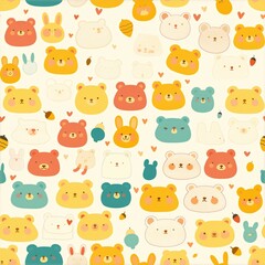 Fototapeta premium Cute, colorful cartoon bears and bunnies with various expressions on a light background, creating a playful and cheerful pattern.