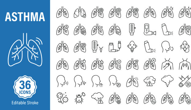 Asthma and respiratory health web icons in line style . Medical lungs, inhaler, nebulizer, symptoms collection . Respiratory disease treatment and diagnosis . Editable stroke . Vector illustration .