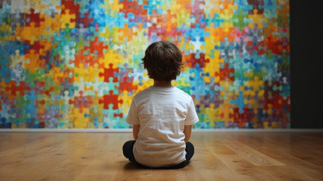 Young boy sitting cross-legged on wooden floor facing a large colorful abstract jigsaw puzzle artwork