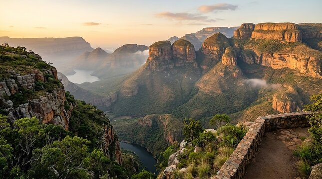 Majestic view of the Three Rondavels mountain peaks rising above the Blyde River Canyon at sunrise in this beautiful landscape photograph capturing the golden light hitting the rugged rocky cliffs