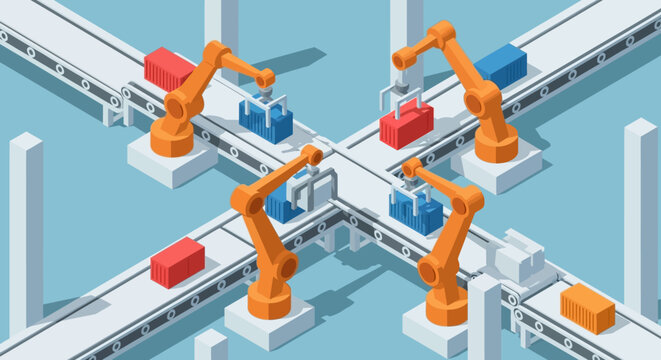 Isometric digital illustration of automated robotic arms processing goods on an assembly line, depicting smart factory automation, modern industrial production, and efficient logistics