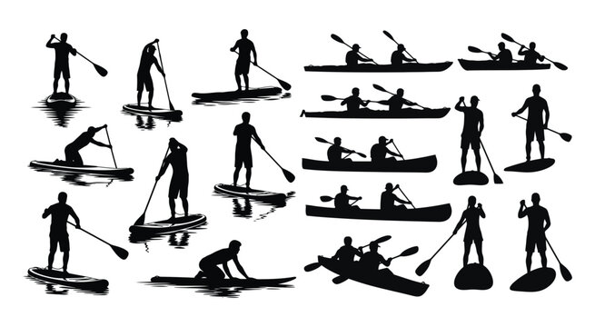 Silhouettes of people paddle boarding and kayaking