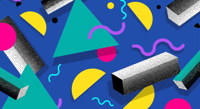 memphis style abstract background showcasing vibrant geometric shapes and playful squiggles ideal for retro 80s 90s graphic design.