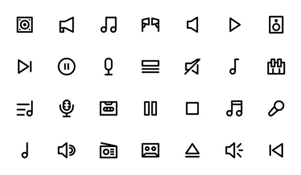 Music icon set. Minimalist line icons. Includes symbols for sound system, speaker, earphone, volume, play, pause, podcast, queue, piano, microphone, tape, stop, karaoke, radio, and more. Editable vect