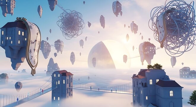 Surreal fantasy cityscape with floating hot air balloons.