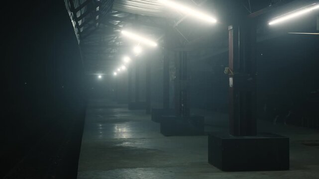 View of an empty train station platform at night with bright fluorescent lights and thick fog in Bogura, Rajshahi Division, Bangladesh.