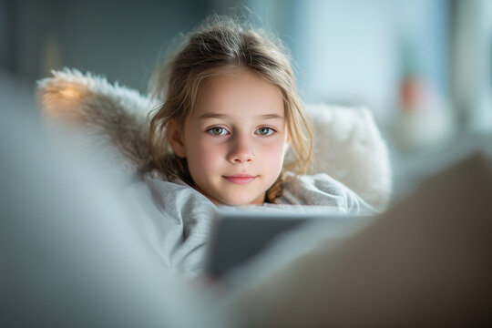Cute blonde school-age girl sitting at a table with tablet in a bright modern home interior